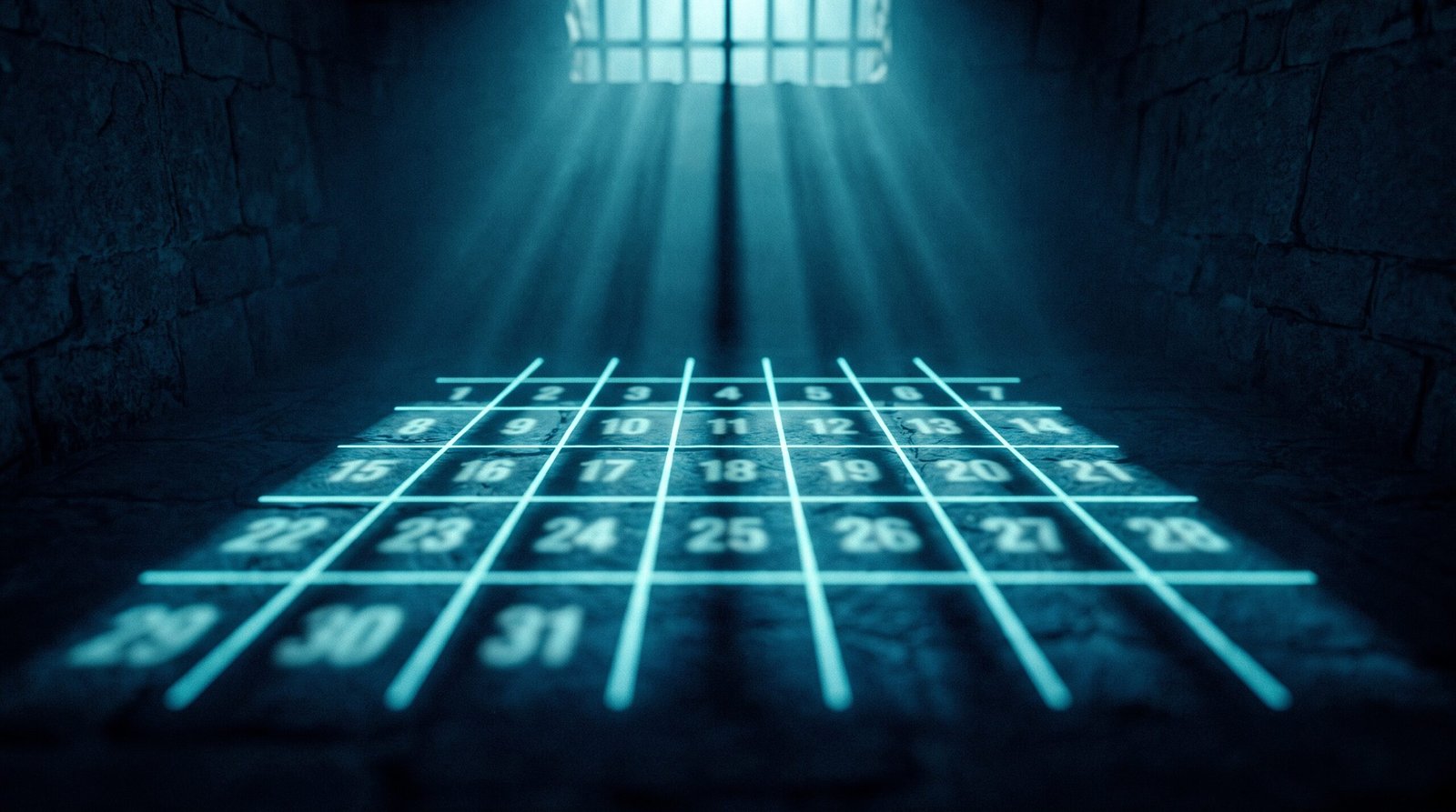 Abstract January retrospective as glowing cyan calendar grid on a dark navy surface, dramatic chiaroscuro lighting from above.