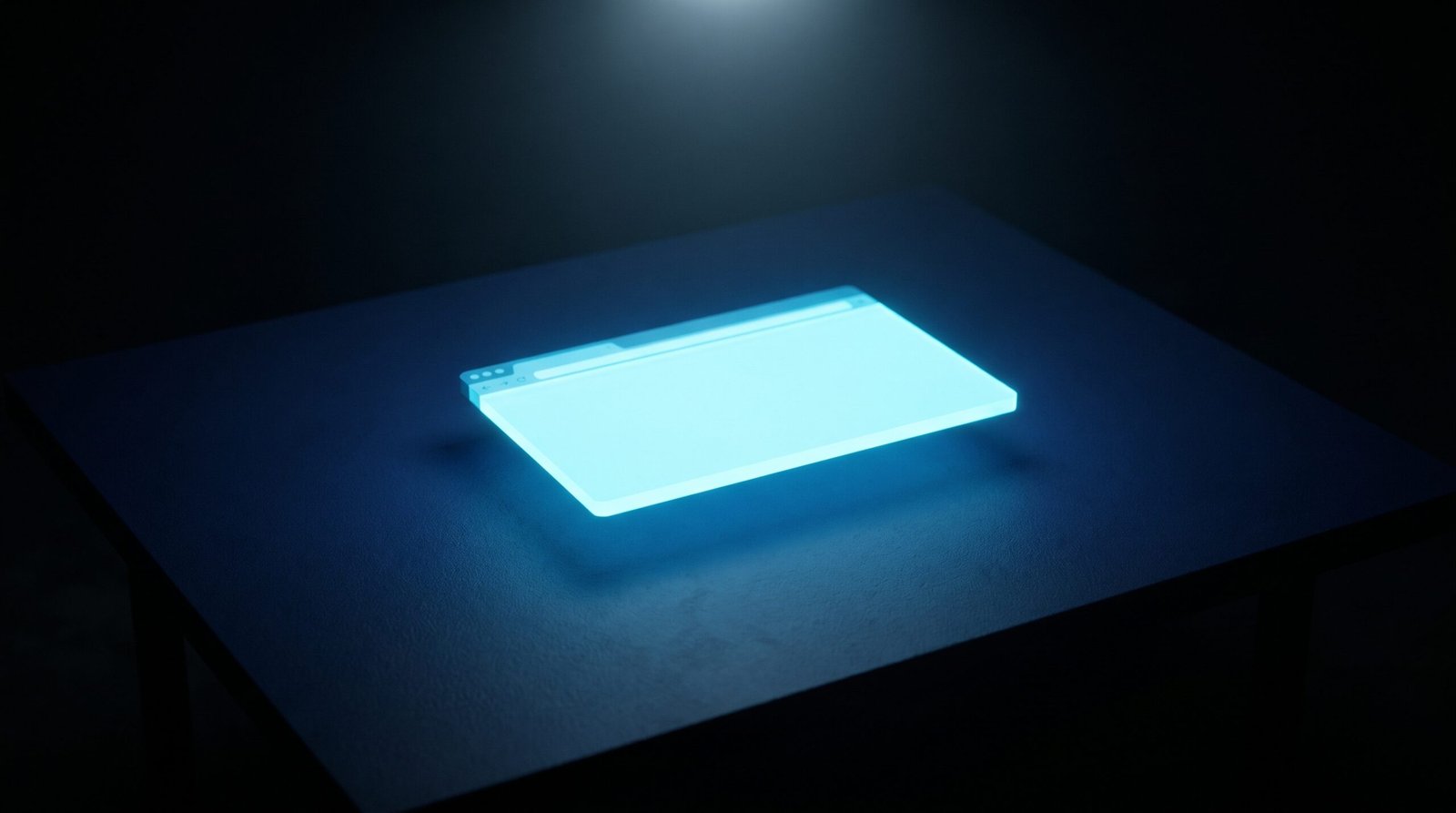 Abstract browser state as glowing cyan browser window on a dark navy surface, dramatic chiaroscuro lighting from above.