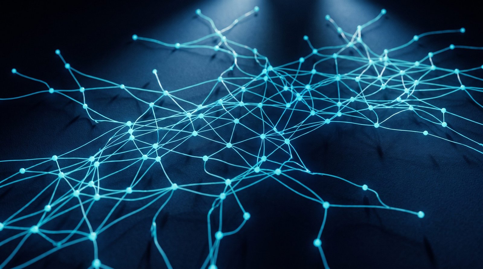 Abstract AI agent org chart as glowing cyan connected nodes forming a network on a dark navy surface, dramatic chiaroscuro lighting from above.