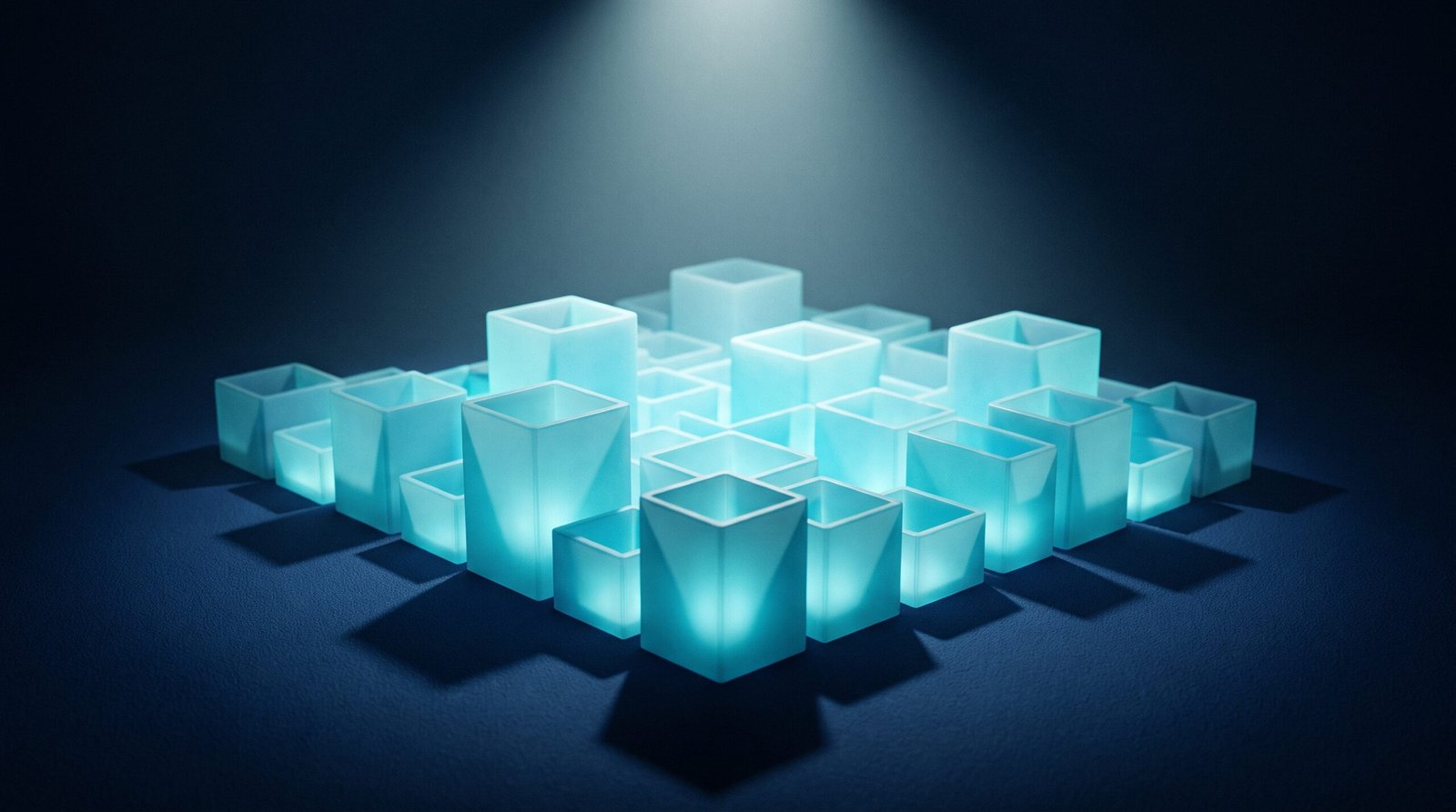 Abstract Kubernetes cost as glowing cyan container shapes of varying sizes on a dark navy surface, dramatic chiaroscuro lighting from above.