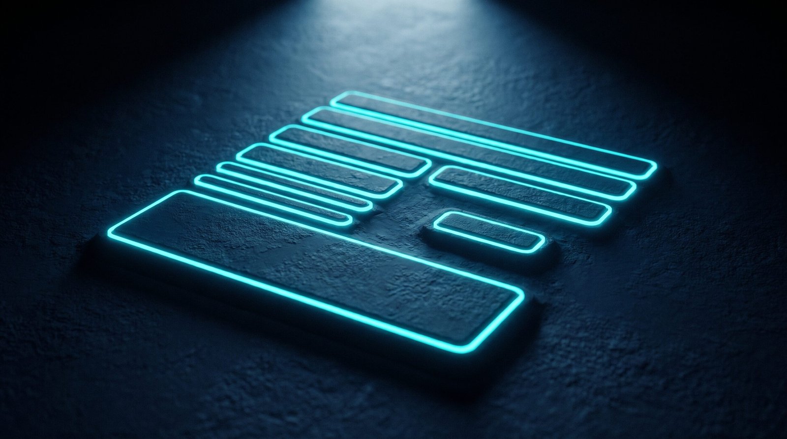 Abstract vendor questionnaire as glowing cyan form fields on a dark navy surface, dramatic chiaroscuro lighting from above.
