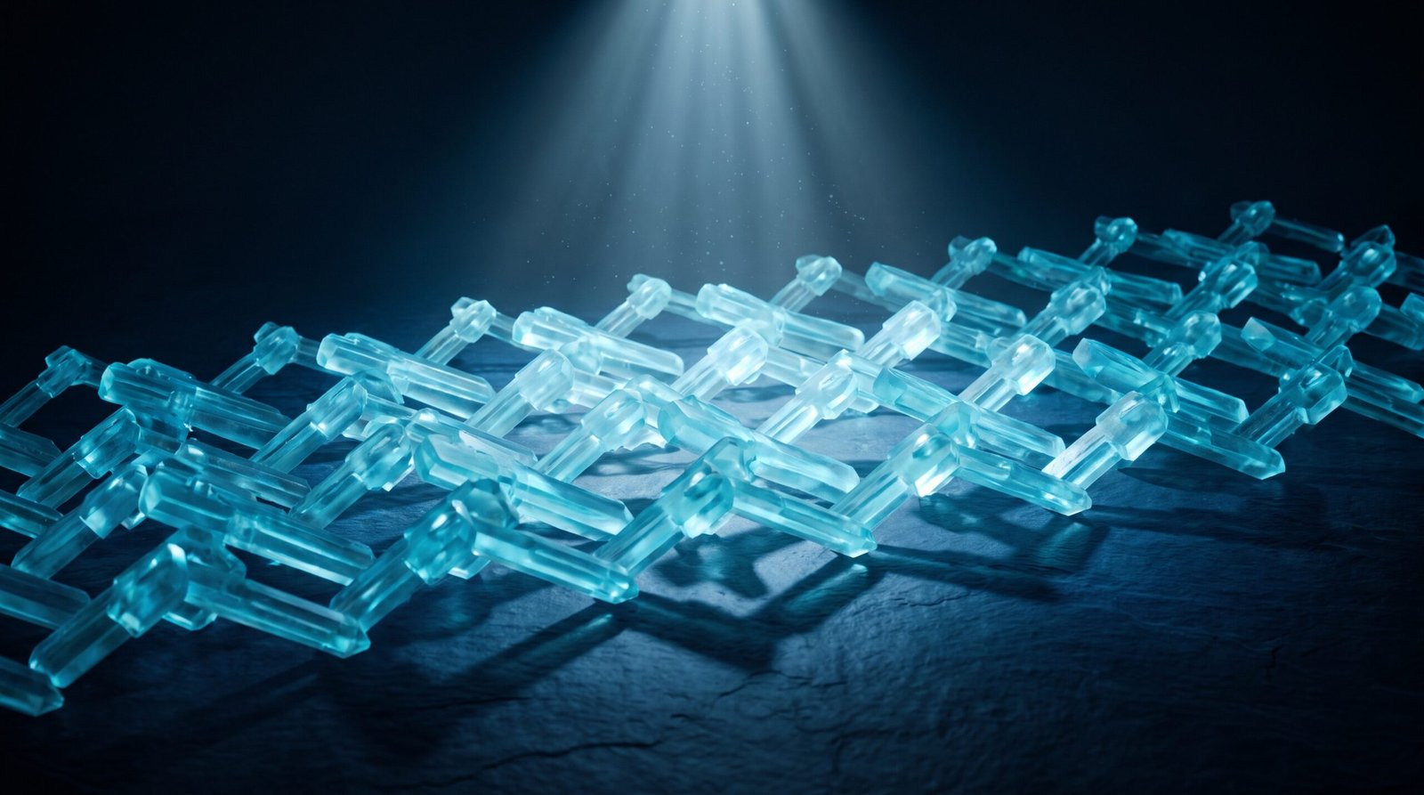 Abstract passkey rollout success as glowing cyan keys arranged in a pattern on a dark navy surface, dramatic chiaroscuro lighting from above.