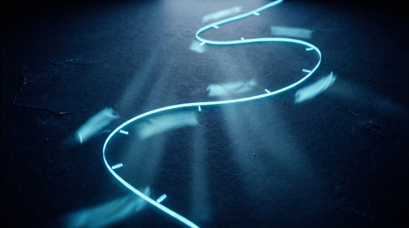 Abstract mid year review as glowing cyan timeline on a dark navy surface, dramatic chiaroscuro lighting from above.