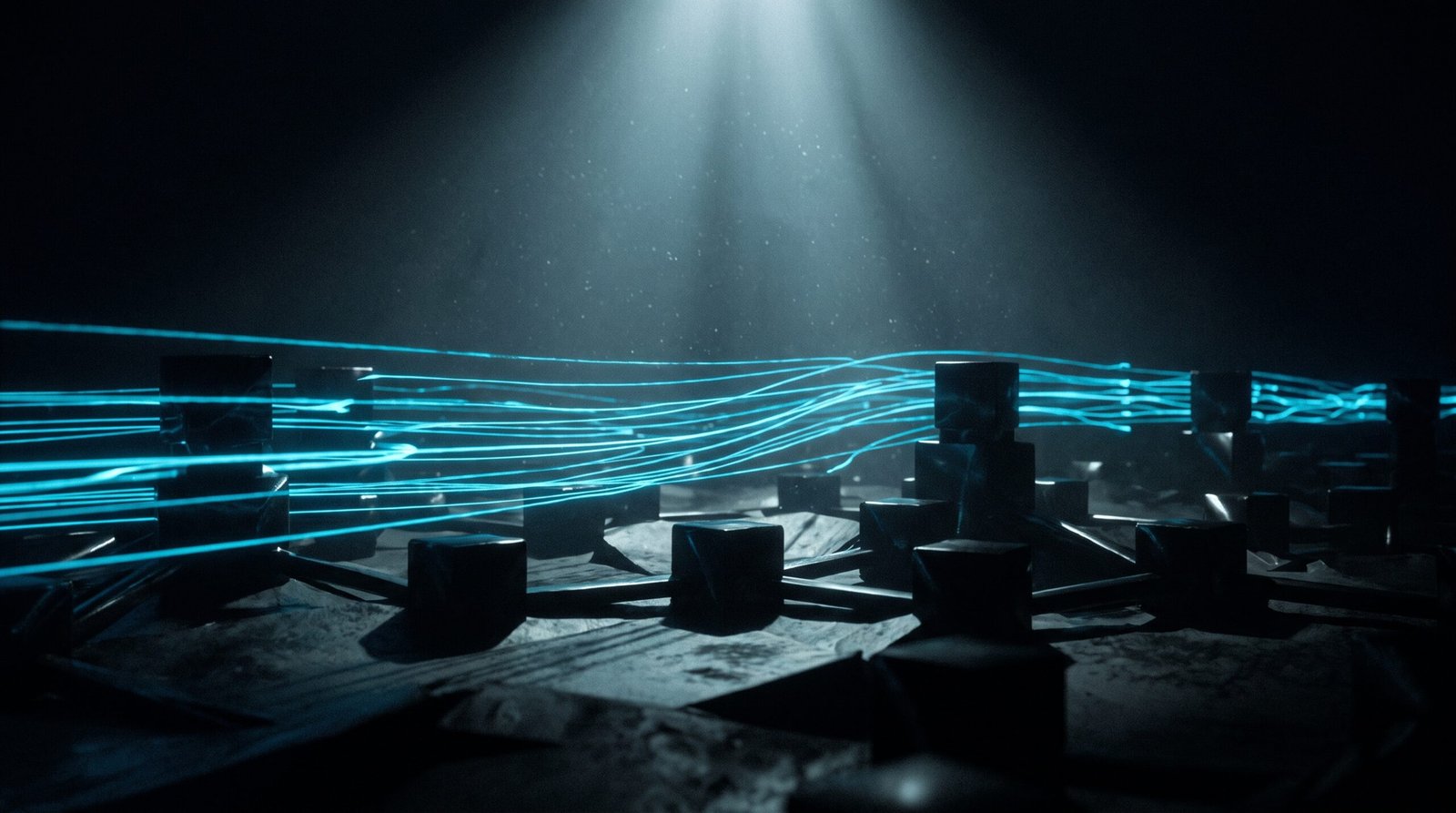 Abstract lateral movement as glowing cyan paths between dark nodes, dramatic chiaroscuro lighting from above.