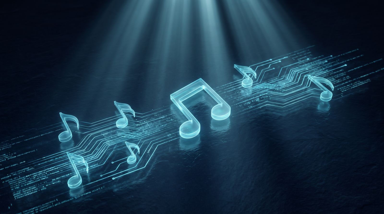 Abstract AI music publishing as glowing cyan musical notes merged with data streams on a dark navy surface, dramatic chiaroscuro lighting from above.