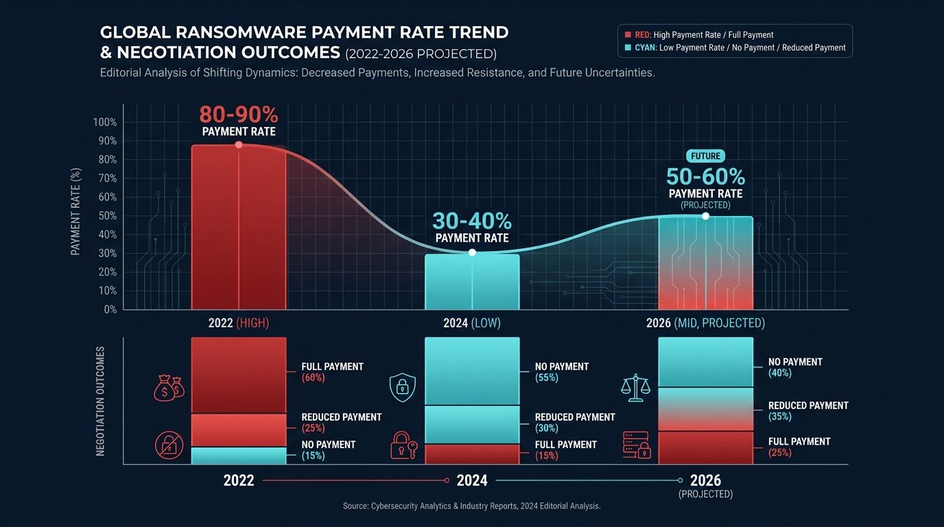 Editorial chart showing global ransomware payment rate trend from 2022 to 2026 projected, with negotiation outcomes broken down by year: 2022 high at 80 to 90 percent payment rate, 2024 low at 30 to 40 percent, 2026 mid projected at 50 to 60 percent. Dark navy background with cyan and red bars.