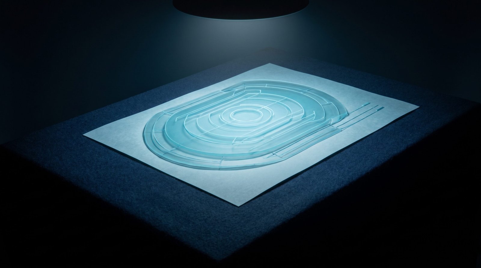 Abstract second edition as a glowing cyan layered diagram on a dark navy surface, dramatic chiaroscuro lighting from above.