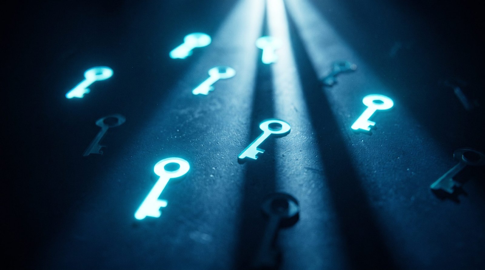 Abstract passkey adoption as glowing cyan keys of varying brightness on a dark navy surface, dramatic chiaroscuro lighting from above.