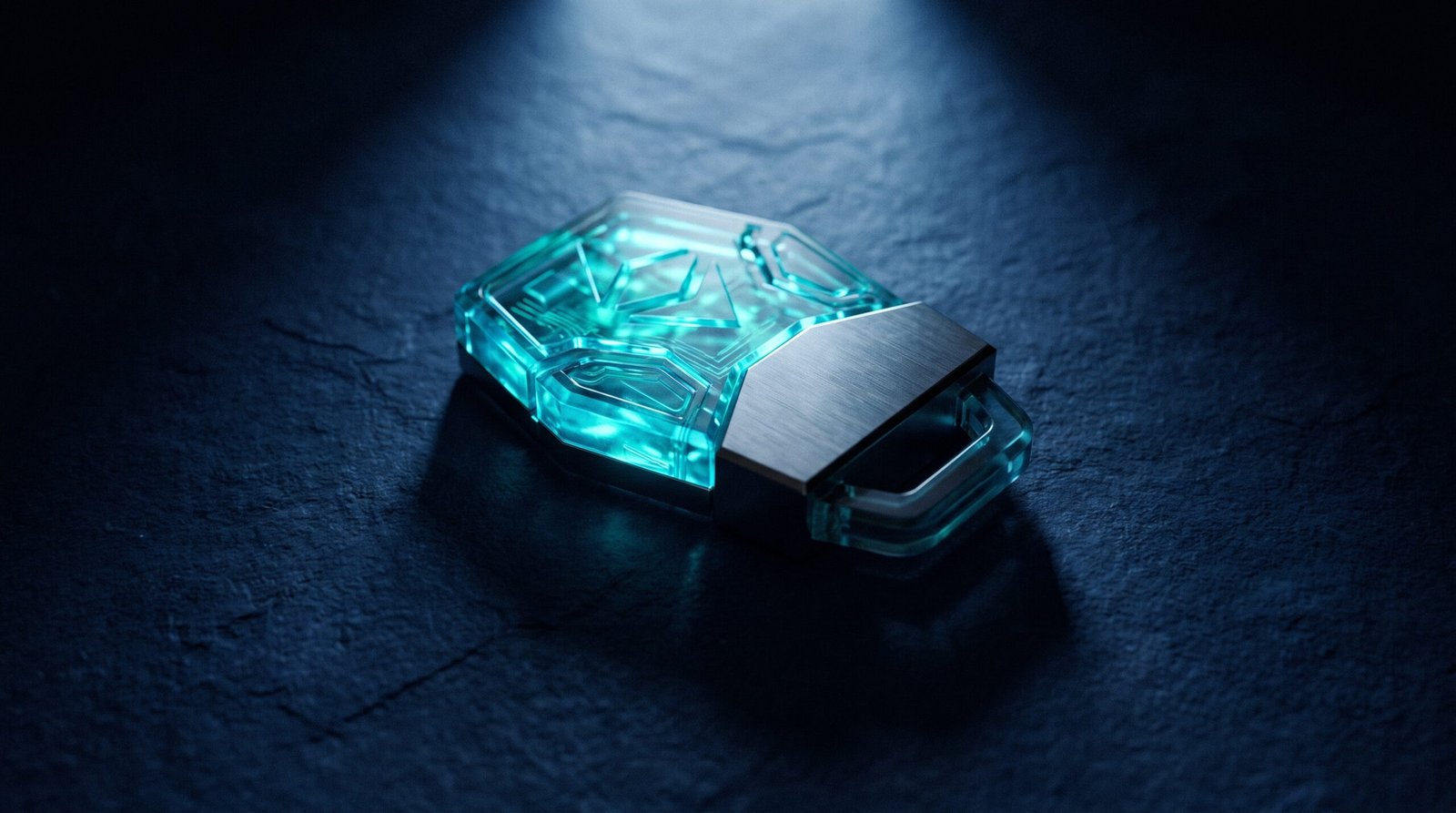Abstract hardware token authentication as glowing cyan small key fob shape on a dark navy surface, dramatic chiaroscuro lighting from above.