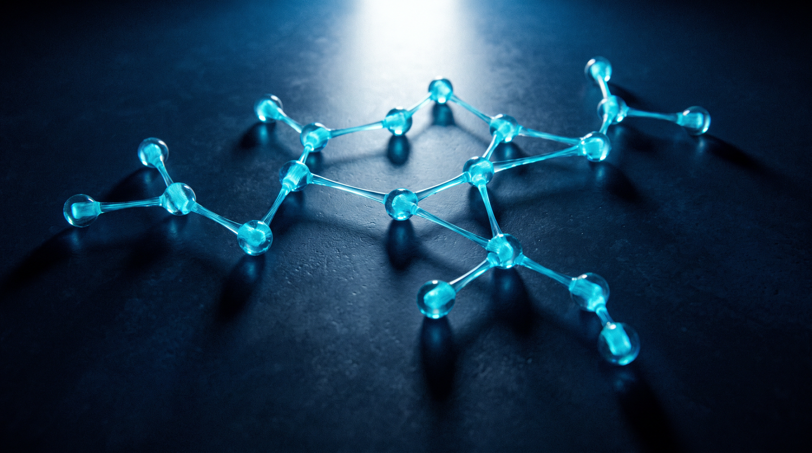 Abstract supply chain as glowing cyan connected nodes in a chain on a dark navy surface, dramatic chiaroscuro lighting from above.