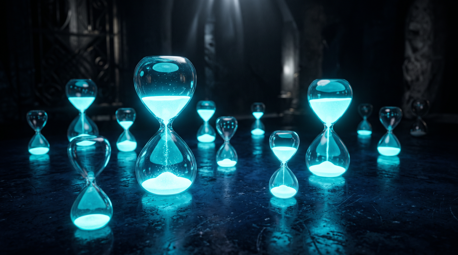 Abstract security tax visualisation as glowing cyan hourglasses of varying fullness on a dark navy surface, dramatic chiaroscuro lighting from above.