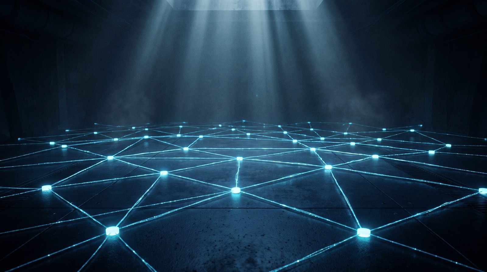 Abstract critical infrastructure as glowing cyan grid nodes connected on a dark navy surface, dramatic chiaroscuro lighting from above.