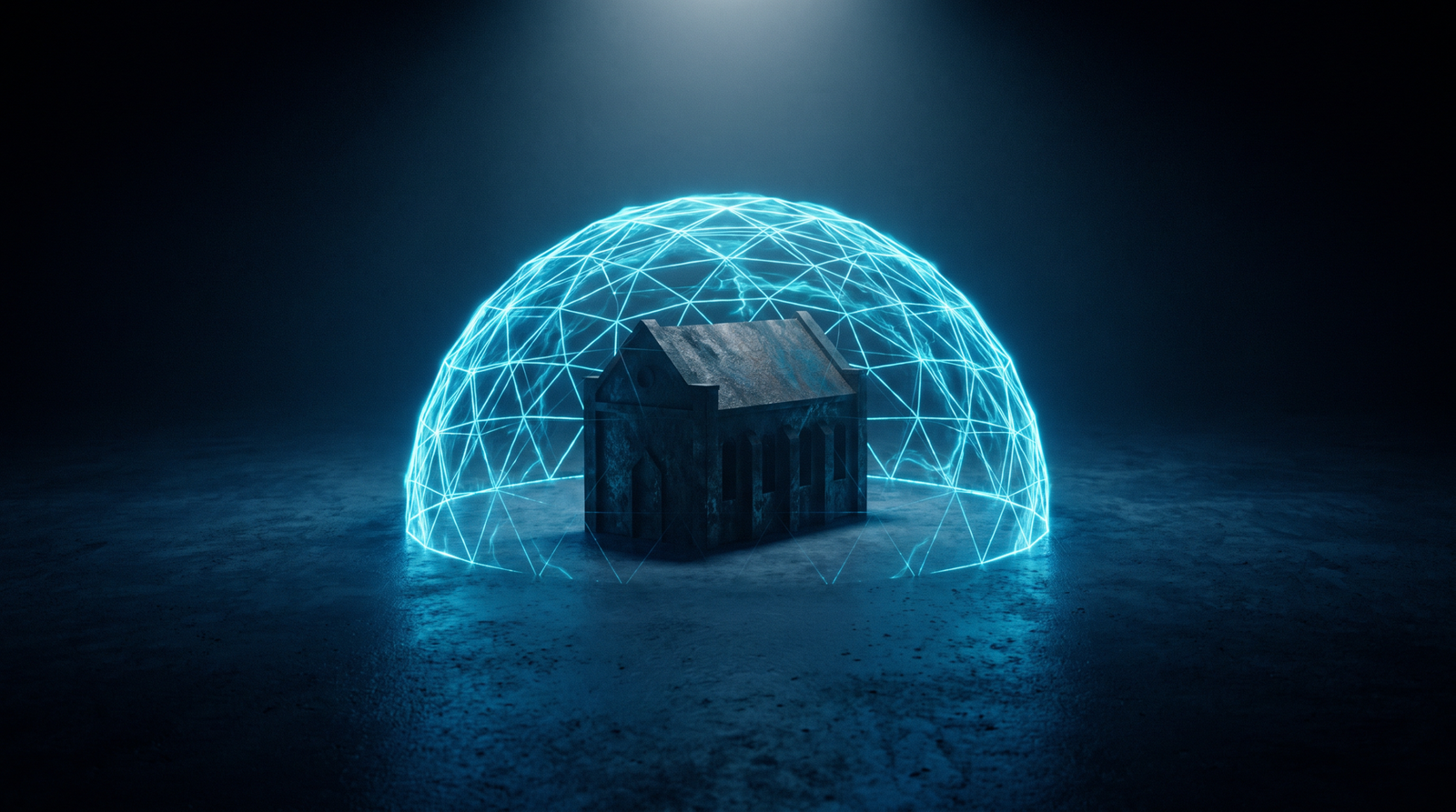 Abstract small business security as glowing cyan shield protecting a small dark structure on a dark navy surface, dramatic chiaroscuro lighting from above.