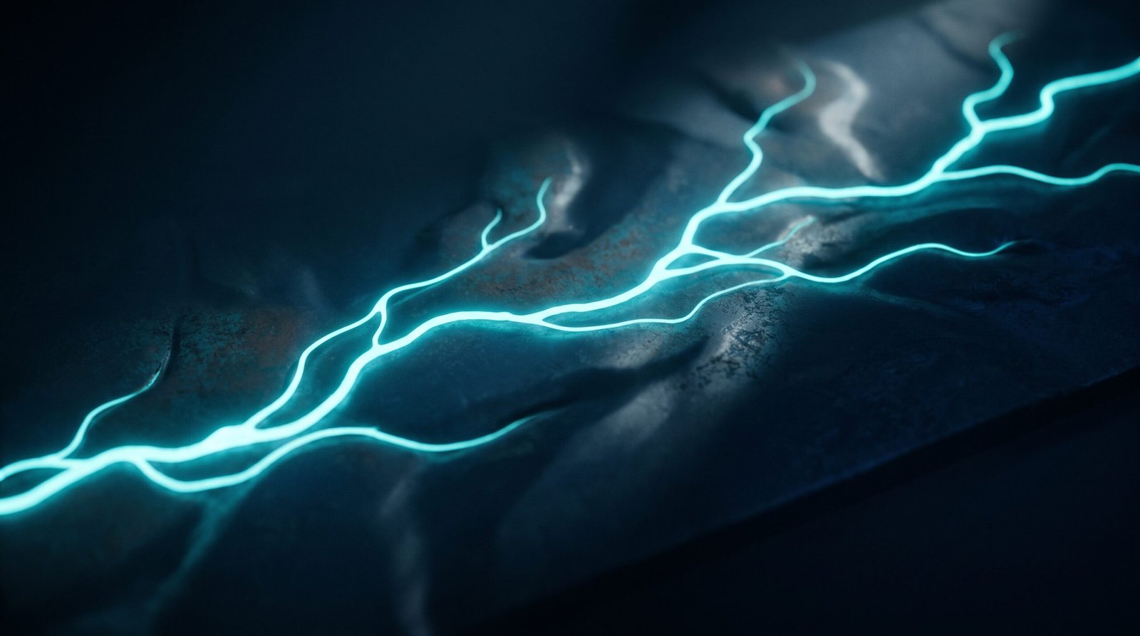 Abstract retrospective as glowing cyan timeline of varying intensity on a dark navy surface, dramatic chiaroscuro lighting from above.
