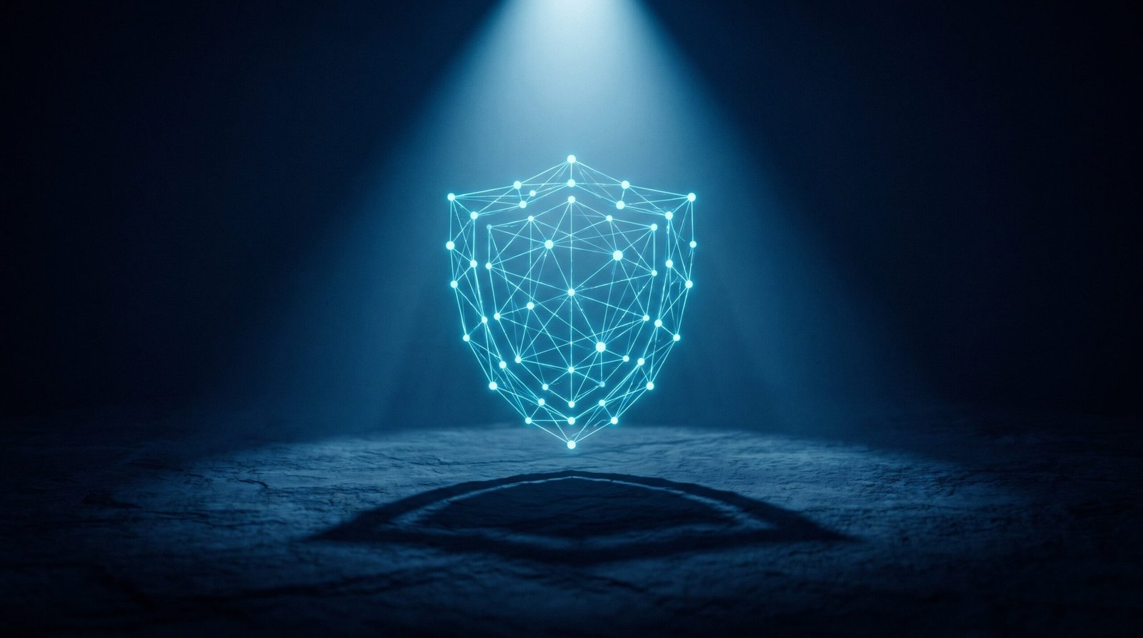 Abstract open source security as glowing cyan shield with network nodes on a dark navy surface, dramatic chiaroscuro lighting from above.