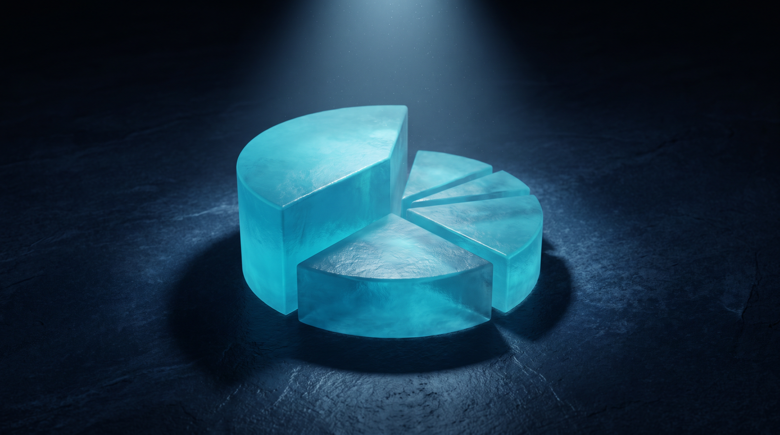 Abstract SIEM cost as a glowing cyan pie chart with one large slice on a dark navy surface, dramatic chiaroscuro lighting from above.