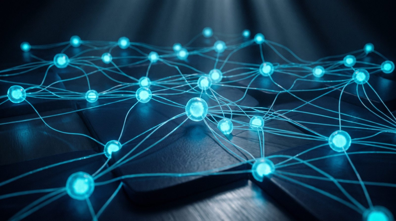 Abstract open source AI as glowing cyan nodes connected by lines on a dark navy surface, dramatic chiaroscuro lighting from above.