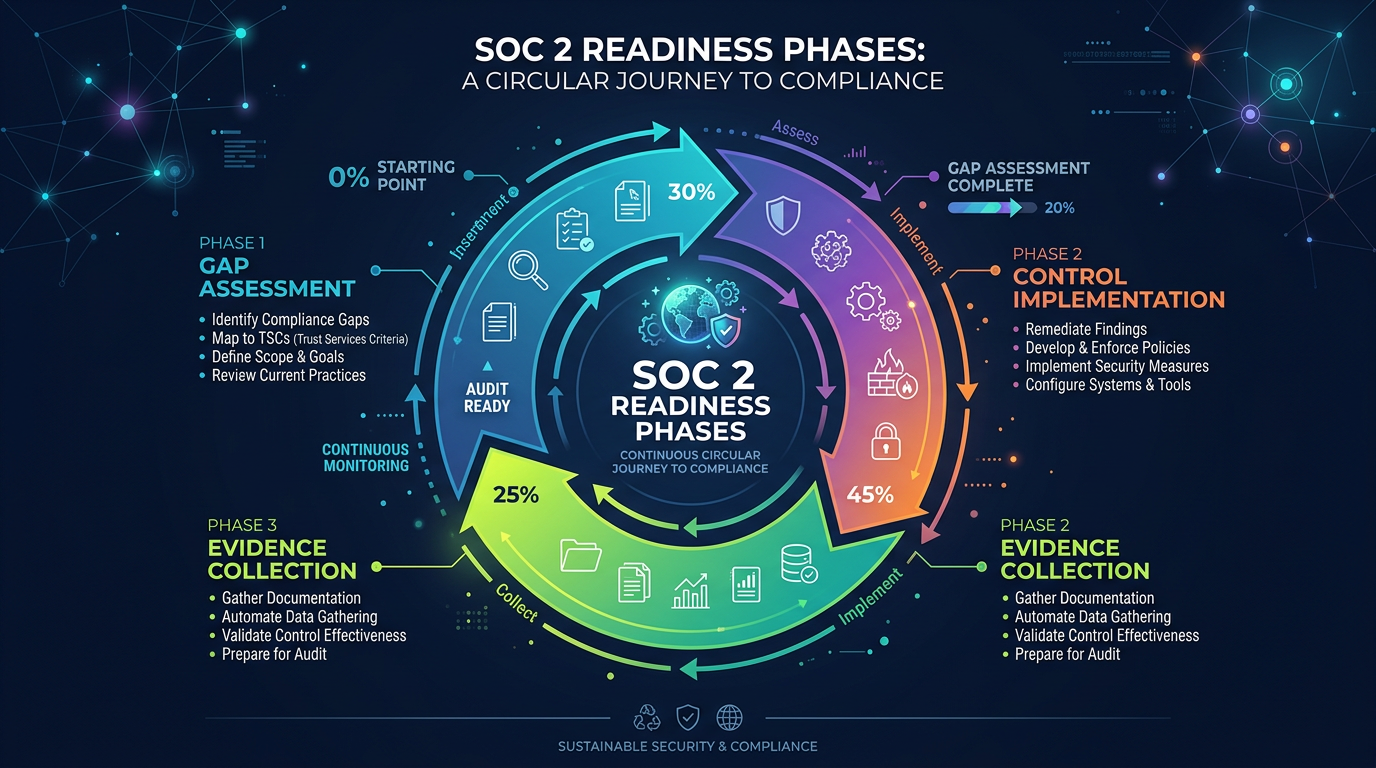 Editorial illustration of a SOC 2 audit lifecycle with a calendar showing the audit phases.