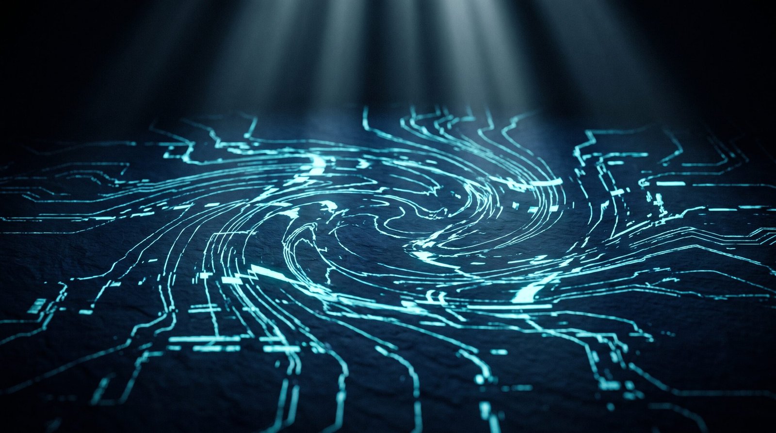 Abstract mobile malware as glowing cyan data corruption on a dark navy surface, dramatic chiaroscuro lighting from above.