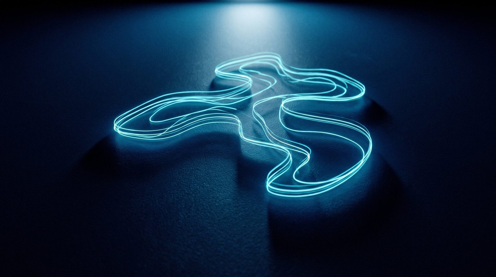 Abstract threat hunt as glowing cyan query stream on a dark navy surface, dramatic chiaroscuro lighting from above.