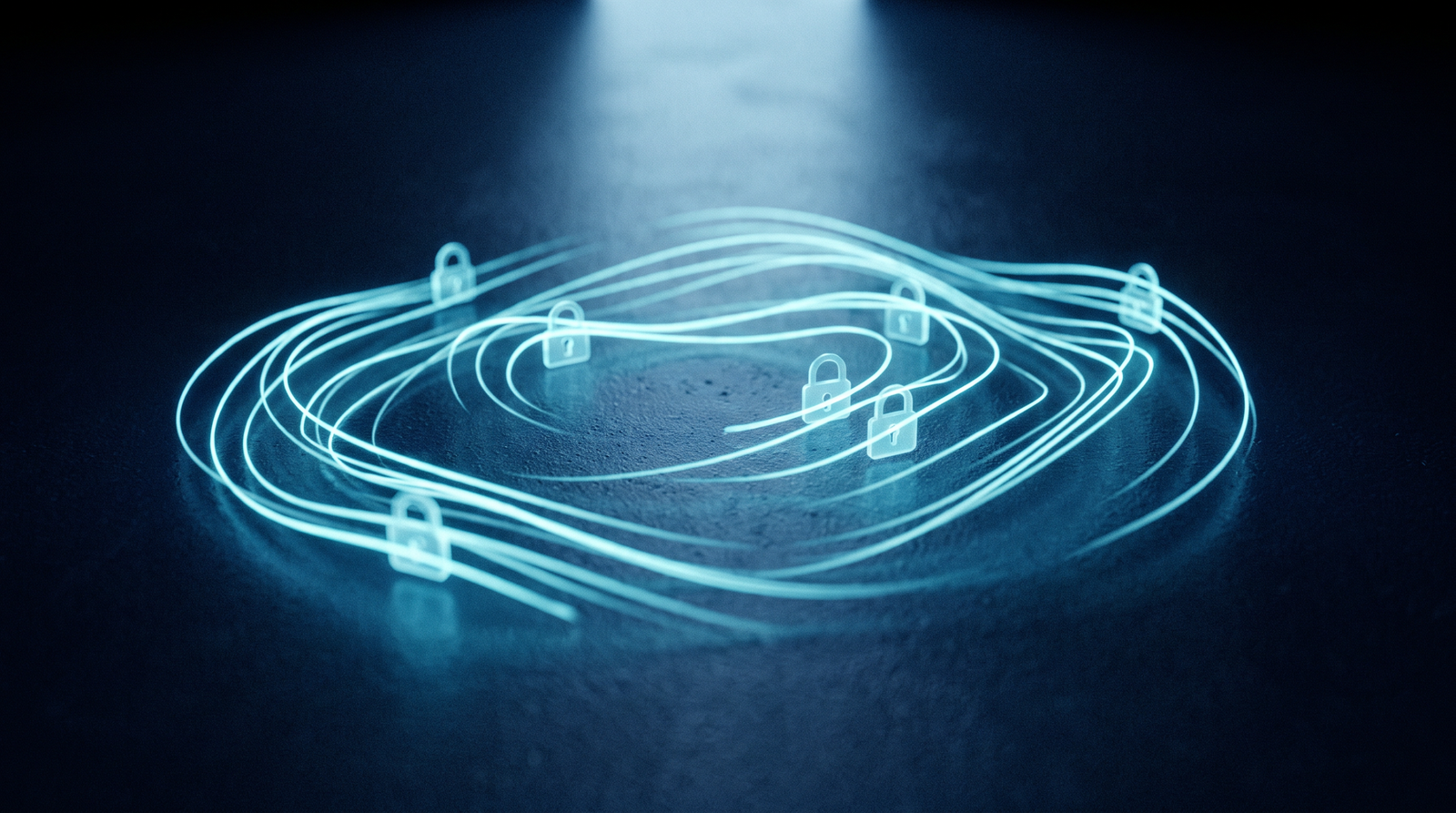 Abstract WiFi security as glowing cyan signal waves with locks on a dark navy surface, dramatic chiaroscuro lighting from above.