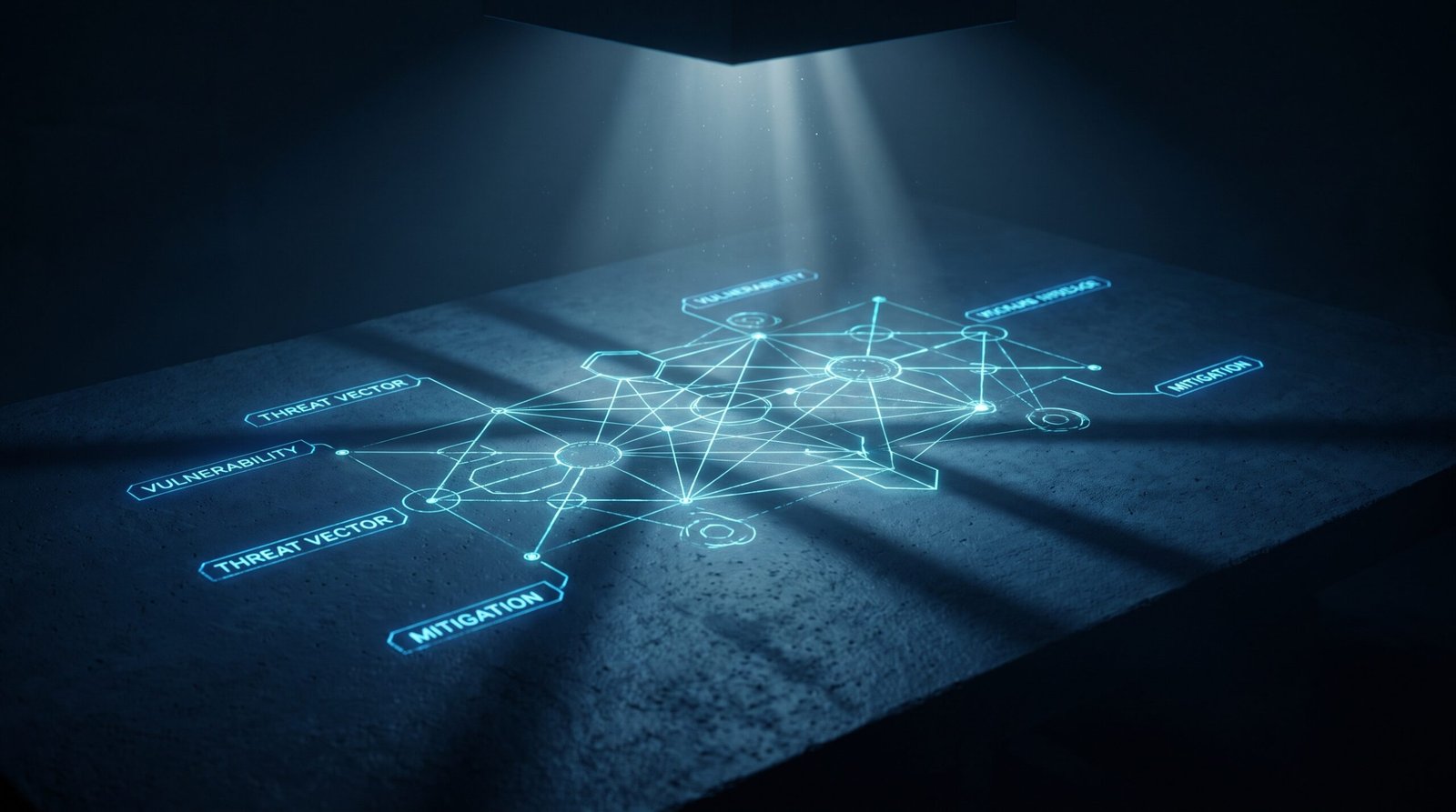 Abstract threat model as glowing cyan annotated diagram on a dark navy surface, dramatic chiaroscuro lighting from above.