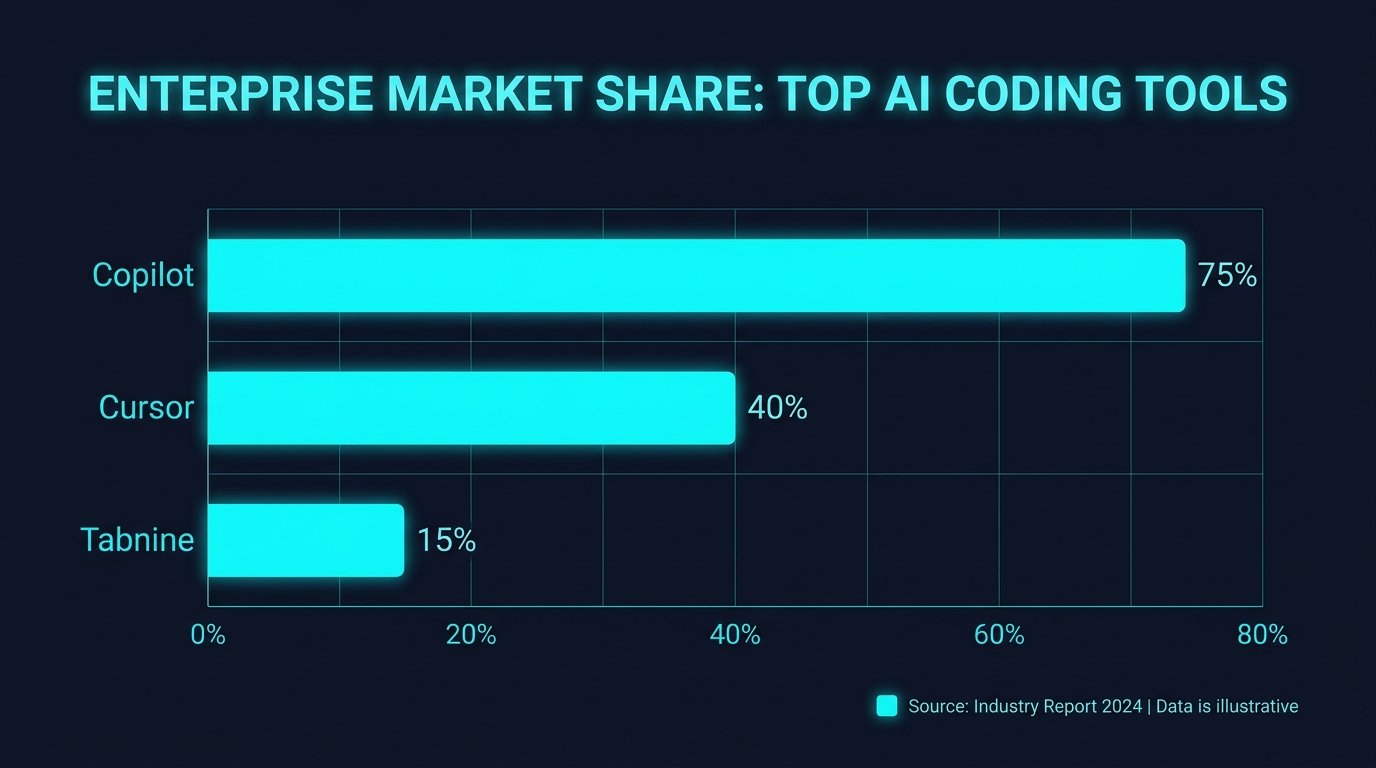 Editorial illustration of AI coding tools on a podium with ranking arrows.
