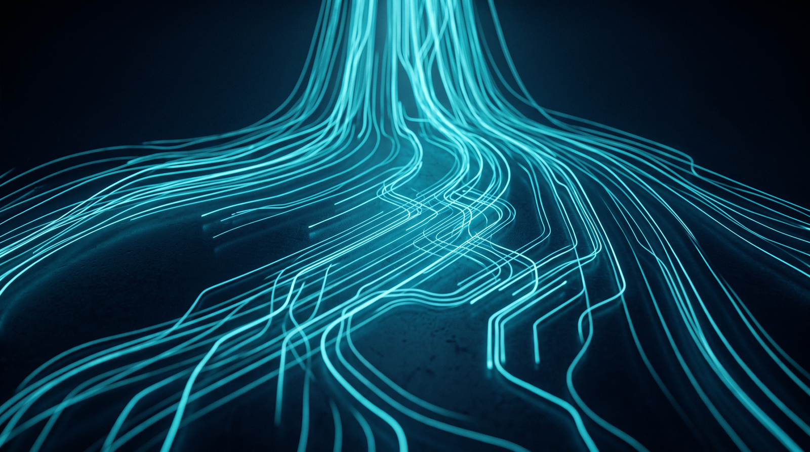 Abstract event log streams as glowing cyan lines flowing on a dark navy surface, dramatic chiaroscuro lighting from above.
