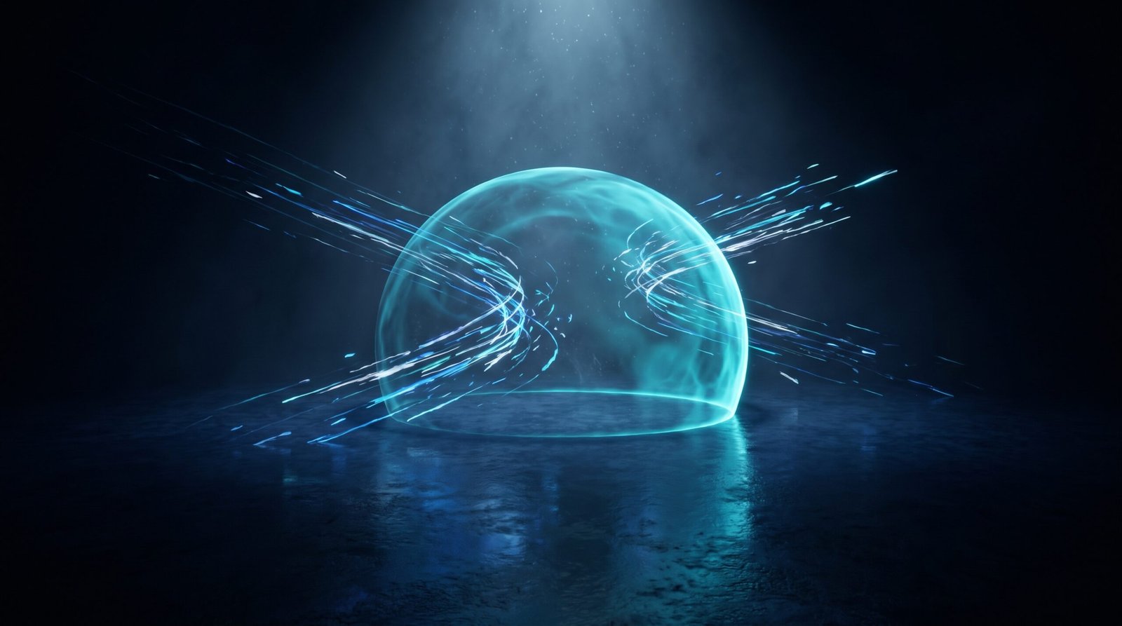 Abstract DDoS mitigation as glowing cyan shield with deflected streams on a dark navy surface, dramatic chiaroscuro lighting from above.
