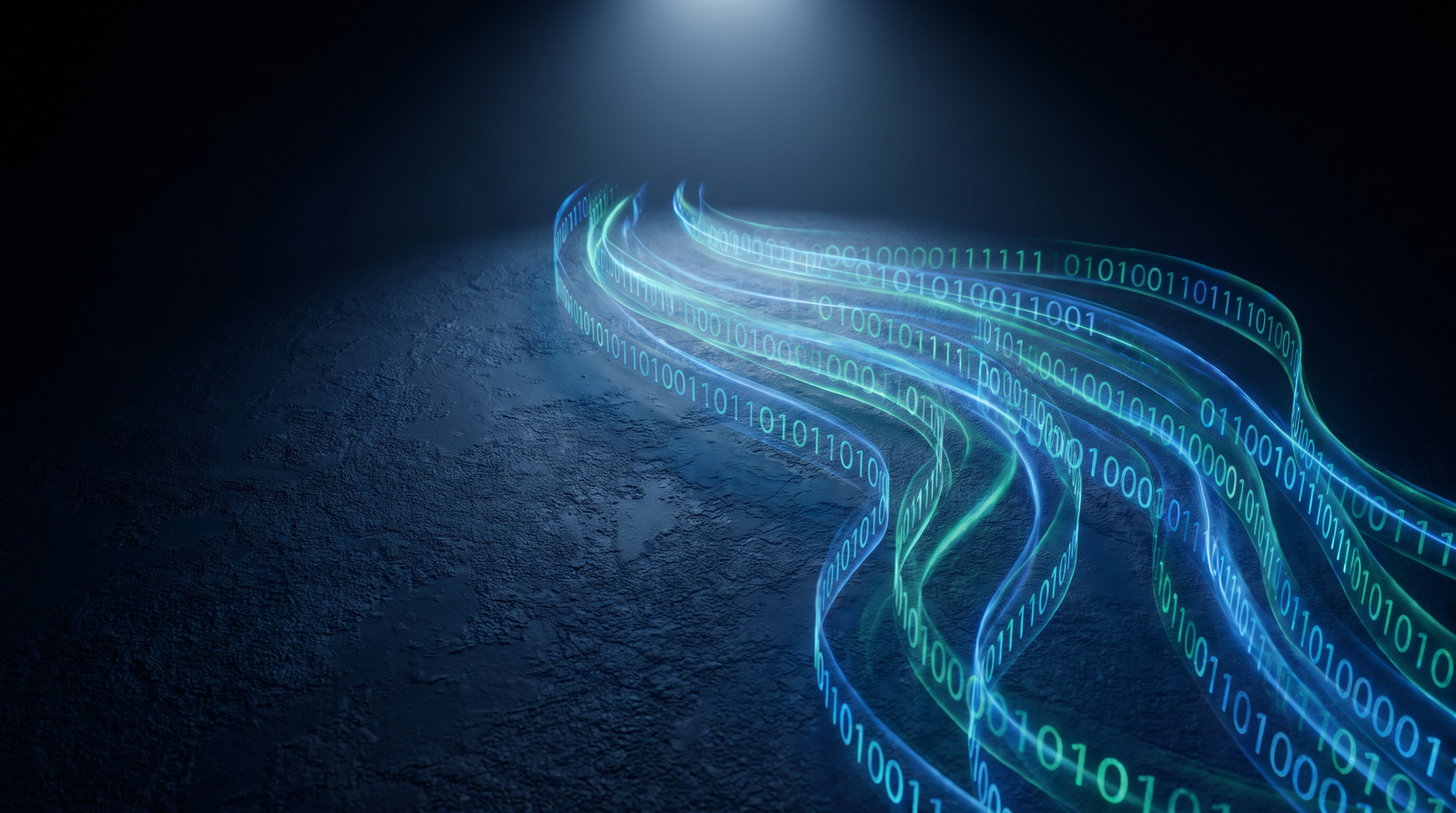 Abstract firmware extraction as glowing cyan binary streams on a dark navy surface, dramatic chiaroscuro lighting from above.