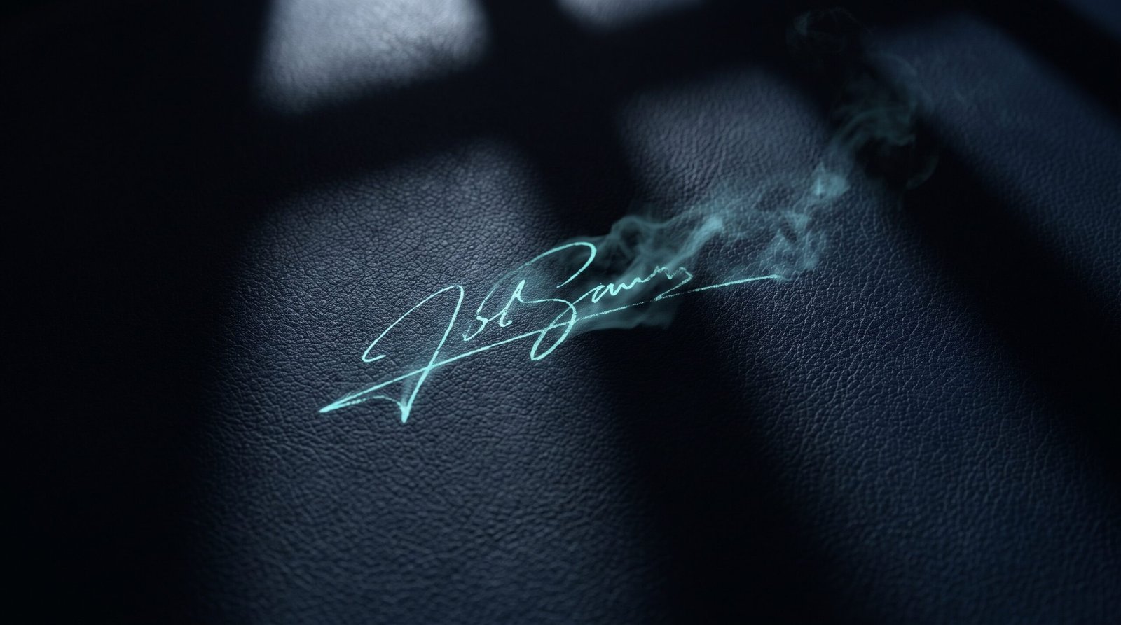 Abstract resignation as glowing cyan fading signature on a dark navy surface, dramatic chiaroscuro lighting from above.
