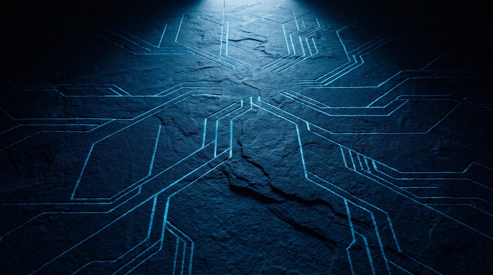 Abstract attack path as glowing cyan branching routes on a dark navy surface, dramatic chiaroscuro lighting from above.