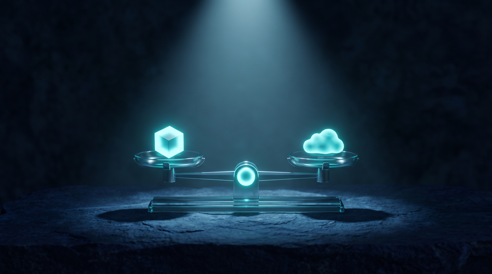 Abstract self host vs cloud as glowing cyan balance scale on a dark navy surface, dramatic chiaroscuro lighting from above.