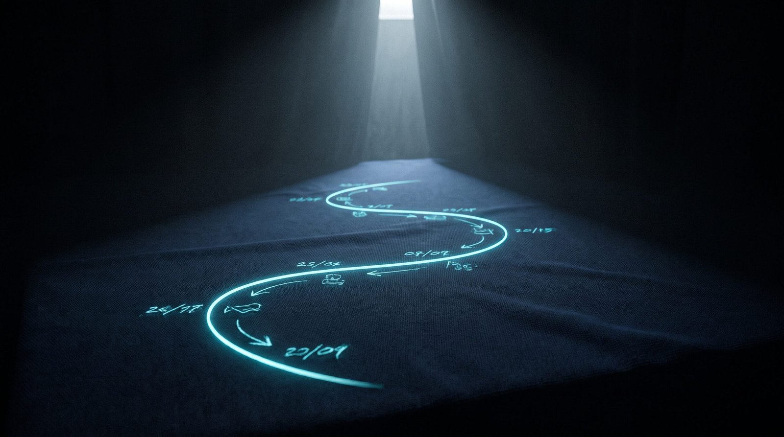 Abstract postmortem as glowing cyan timeline with annotations on a dark navy surface, dramatic chiaroscuro lighting from above.