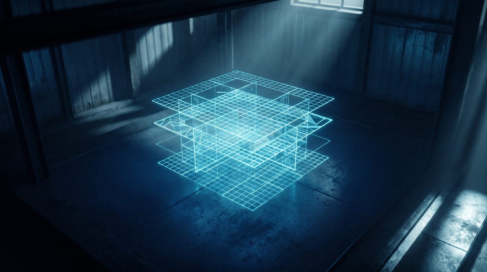 Abstract cryptography state as glowing cyan layered grid on a dark navy surface, dramatic chiaroscuro lighting from above.