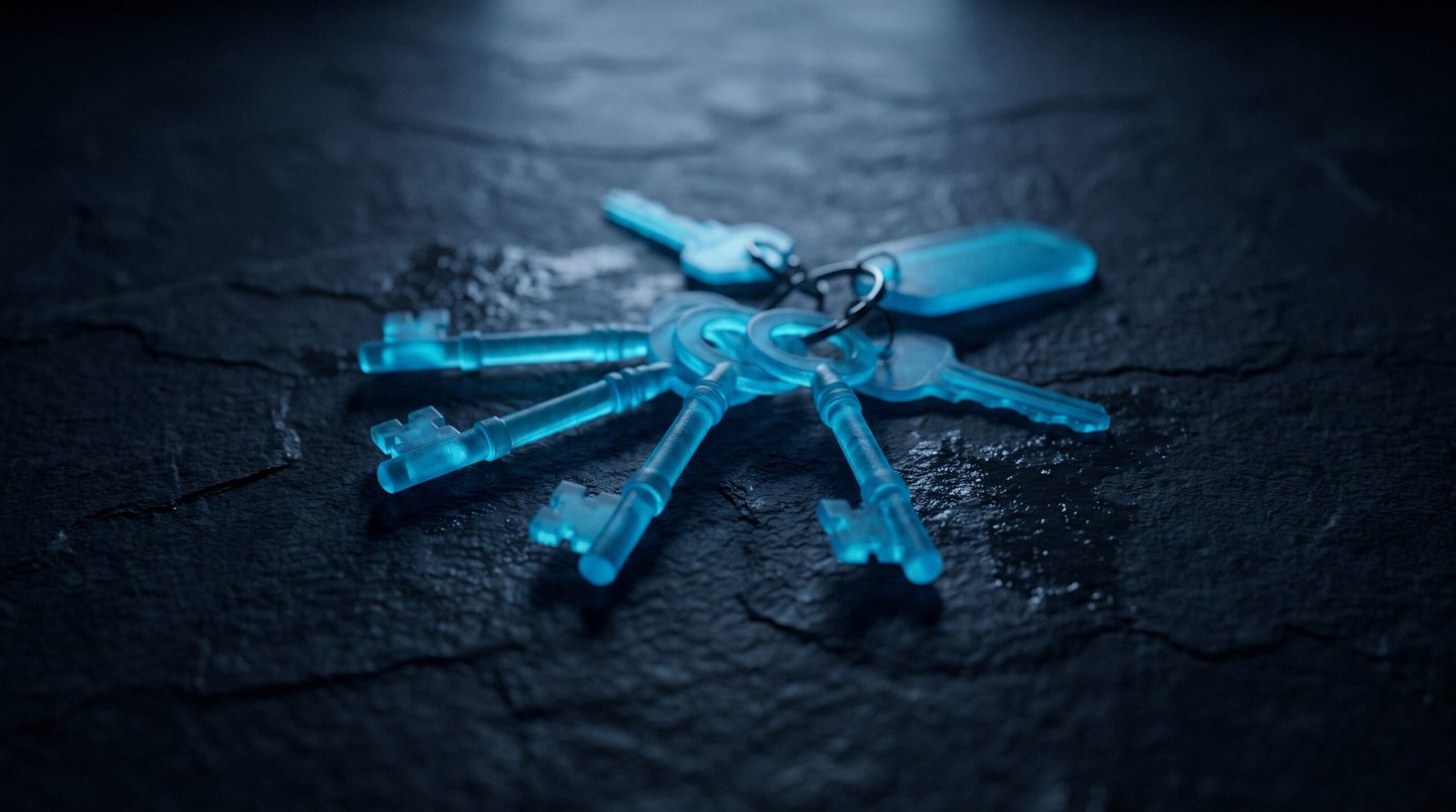 Abstract phishing resistant MFA as glowing cyan keys on a dark navy surface, dramatic chiaroscuro lighting from above.