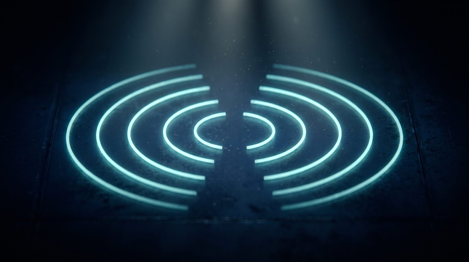 Abstract 3-2-1-1-0 backup as glowing cyan concentric rings on a dark navy surface, dramatic chiaroscuro lighting from above.