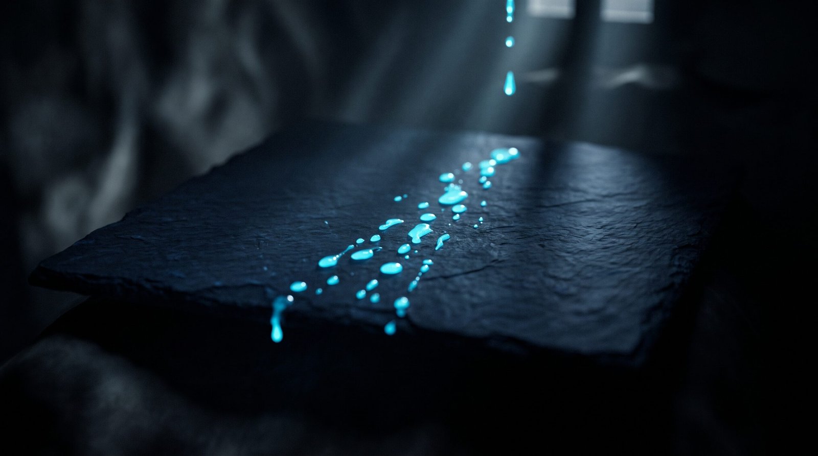 Abstract data leakage as glowing cyan droplets on a dark navy surface, dramatic chiaroscuro lighting from above.