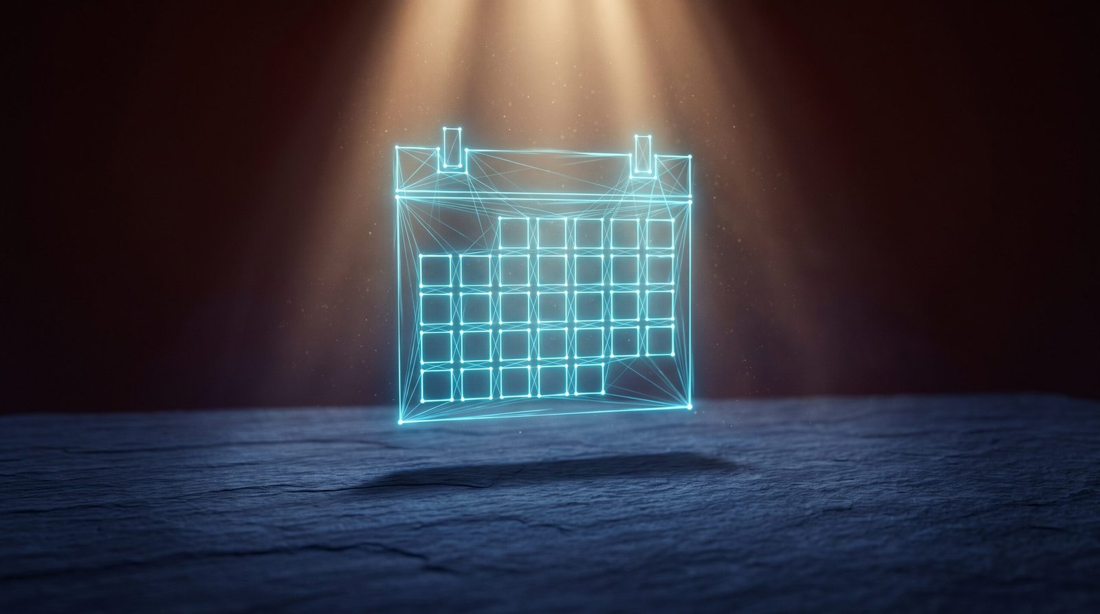 Abstract monthly review as glowing cyan calendar grid on a dark navy surface, dramatic chiaroscuro lighting from above.