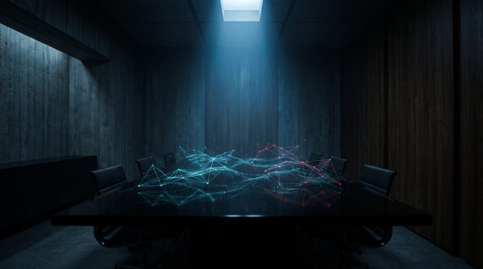 A dim boardroom with empty leather chairs around a polished dark stone table, a single beam of cold blue light from above illuminating the empty space, faint holographic network graph projections in cyan and red across the table surface. No people, no logos, no recognizable brand elements. Dark technological noir still life.