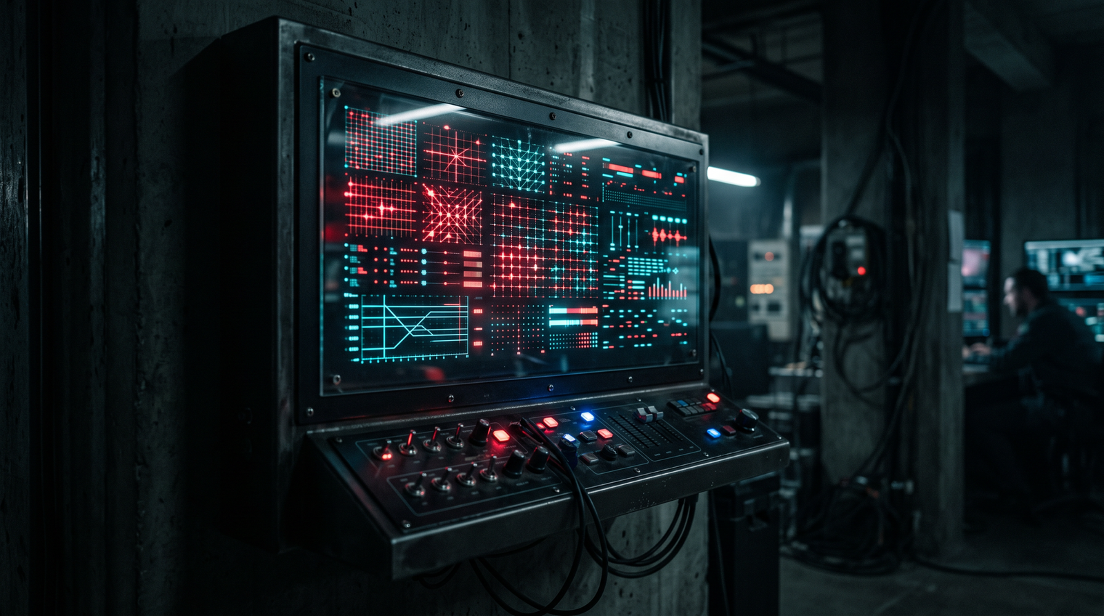 Operations room control panel showing abstract red and cyan dashboard grid patterns, illuminated switches on a console in the foreground. No readable text, no logos. Dark technological noir still life.