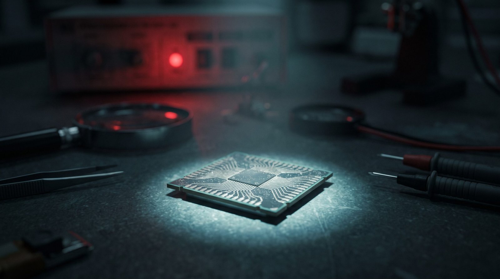 Close-up macro photograph of an integrated circuit chip under a single beam of cold forensic light, faint red warning glow in the background, precision tools at the edges. No text, no logos. Dark technological noir still life.