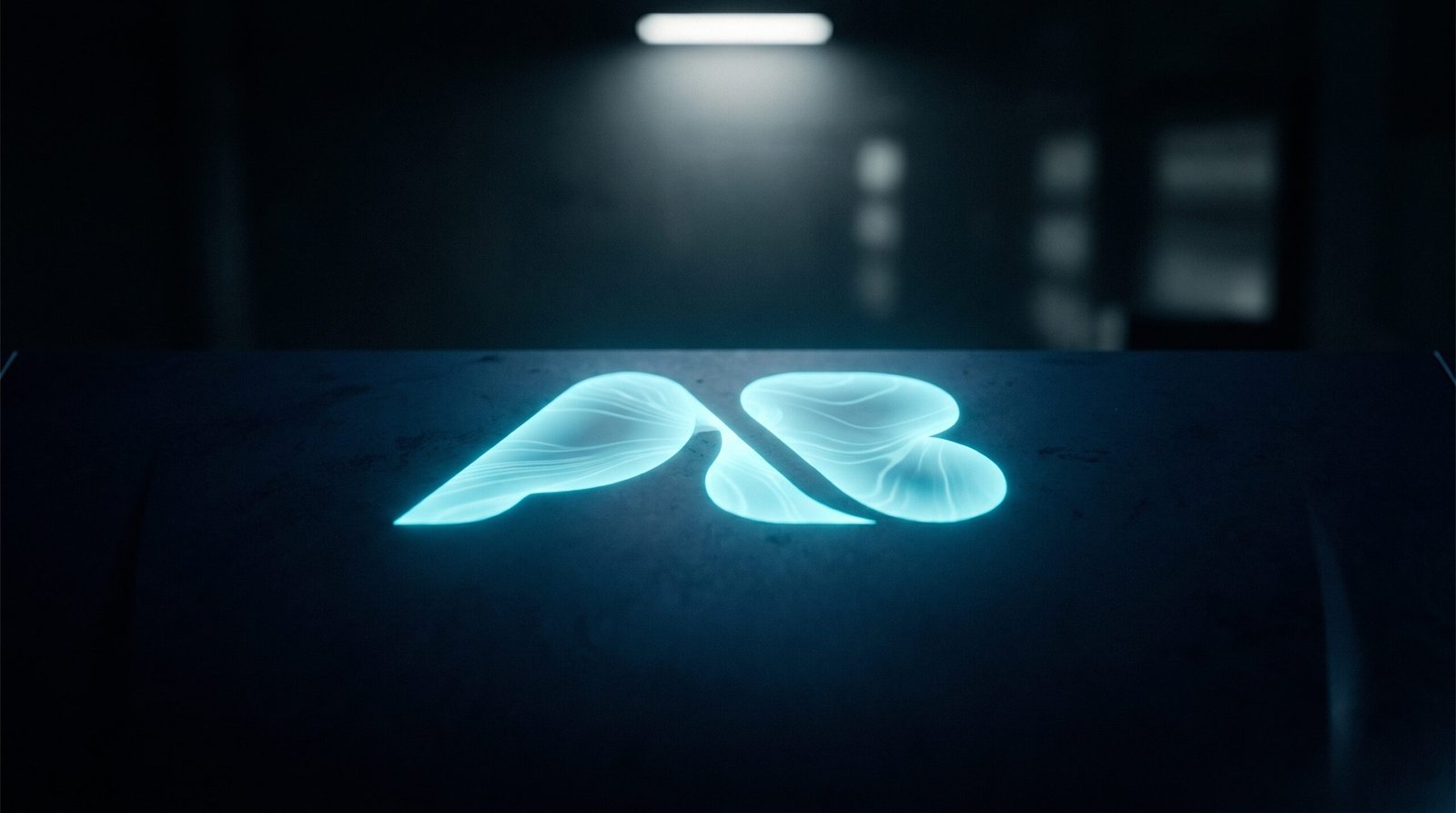 Abstract acquisition as glowing cyan two company logos merging on a dark navy surface, dramatic chiaroscuro lighting from above.
