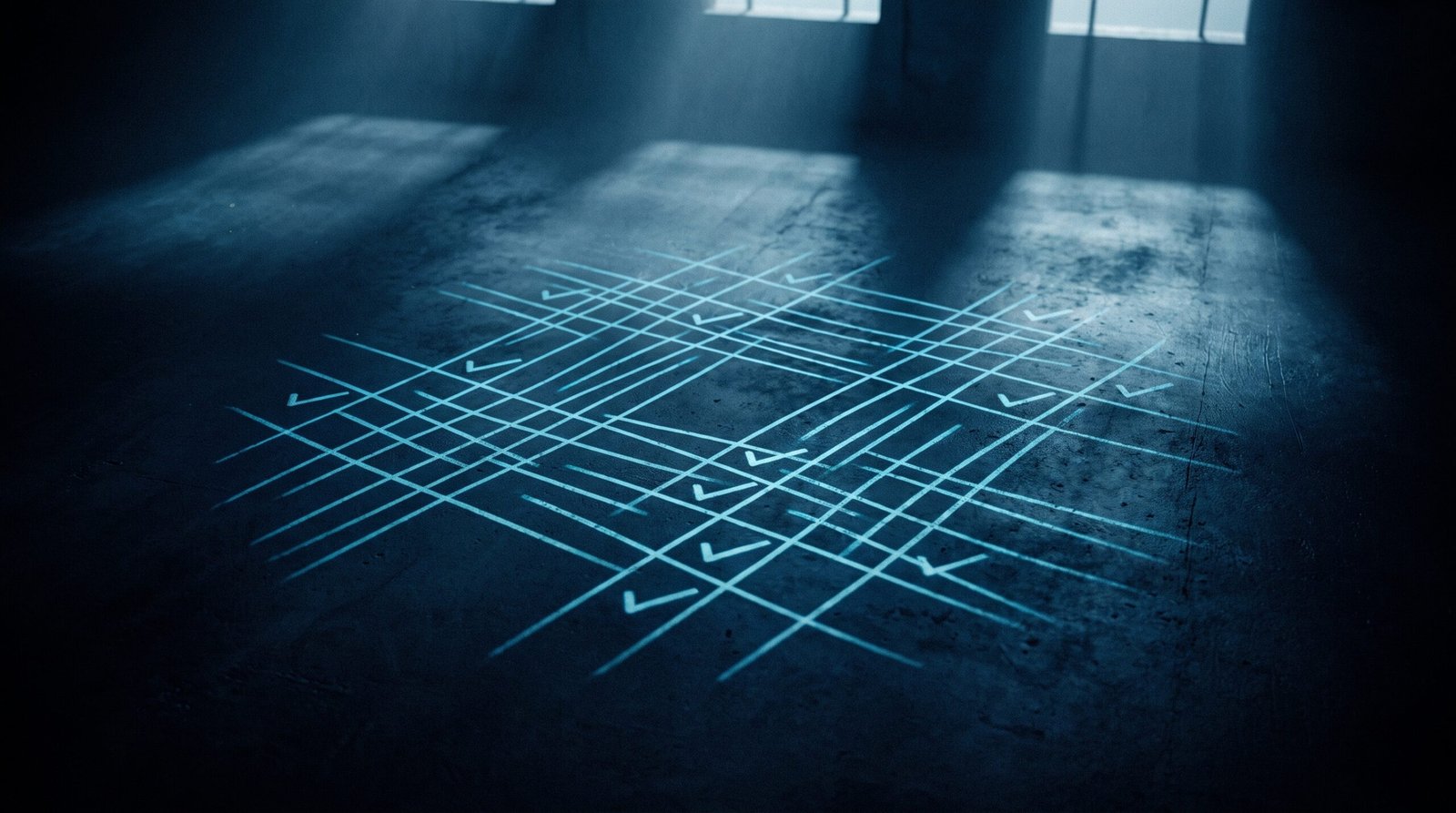 Abstract compliance framework as glowing cyan checkbox grid on a dark navy surface, dramatic chiaroscuro lighting from above.