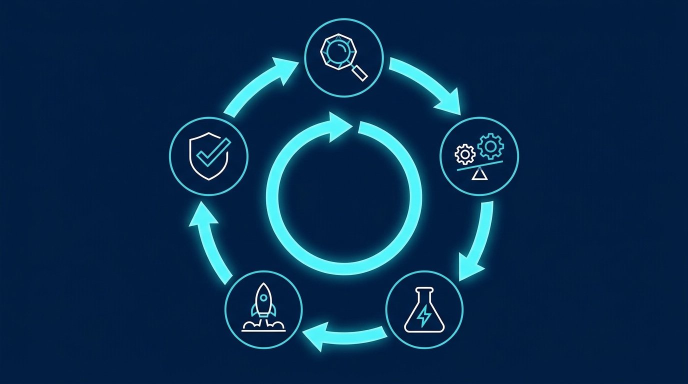 A patching at scale flow chart with inventory, prioritisation, testing, deployment, verification as the five stages, dark navy background, cyan and red.