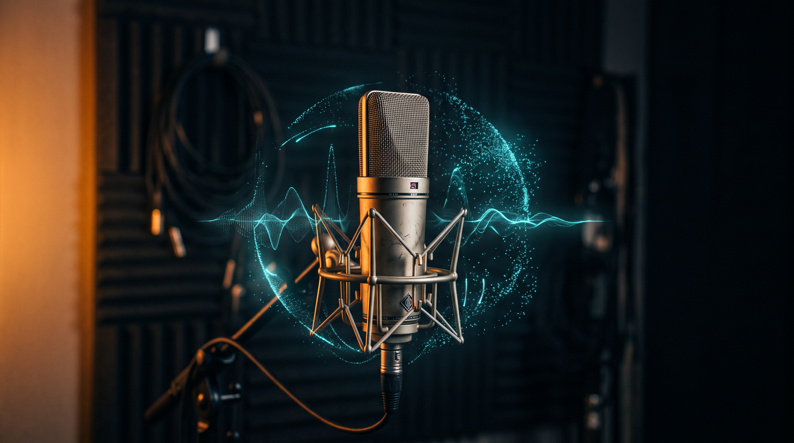 A vintage condenser microphone in a dark recording studio, single warm amber side light, cyan particle sound wave patterns around it suggesting music being captured as data.