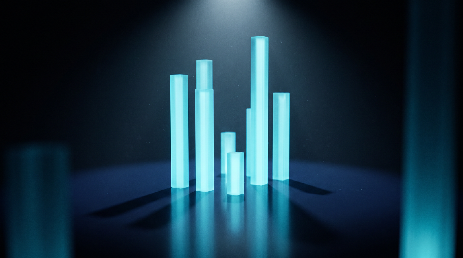 Abstract bar chart of security posture metrics as glowing cyan columns on a dark navy surface, dramatic chiaroscuro lighting from above.