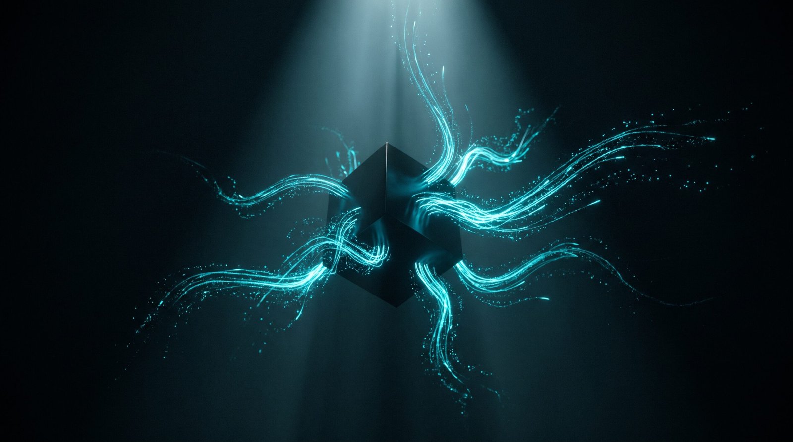 Abstract data exfiltration as glowing cyan streams flowing from a single dark node into dark space, dramatic chiaroscuro lighting from above.
