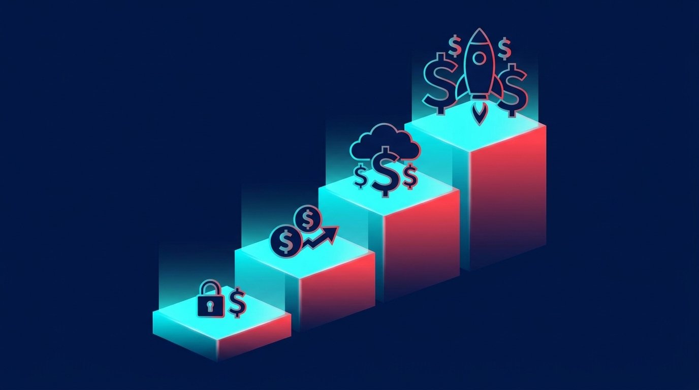 An initial access broker economy flow chart with loader operator, broker, ransomware crew, dark navy background, cyan and red bars.