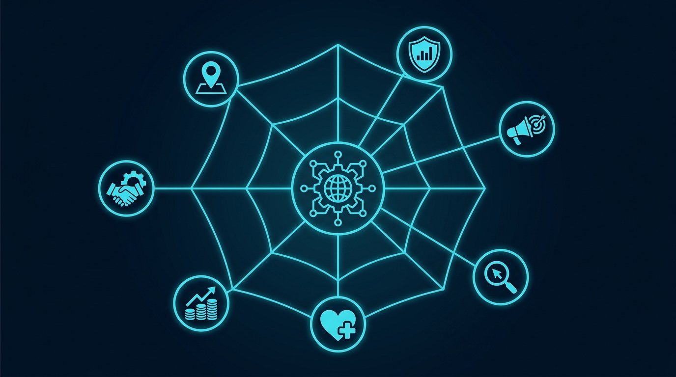 A data broker economy flow chart with consumer data brokers, risk and fraud brokers, people search brokers as the three categories, dark navy background, cyan and red.